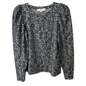 Loft Dark Romance Jacquard Top Puff Sleeve Floral Knit Warm Black Gray XS